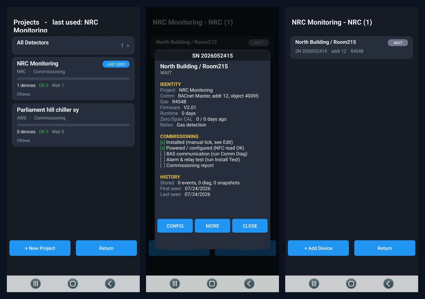 QVRF ConfigTools Android app — project list, device commissioning checklist, and detector status screens